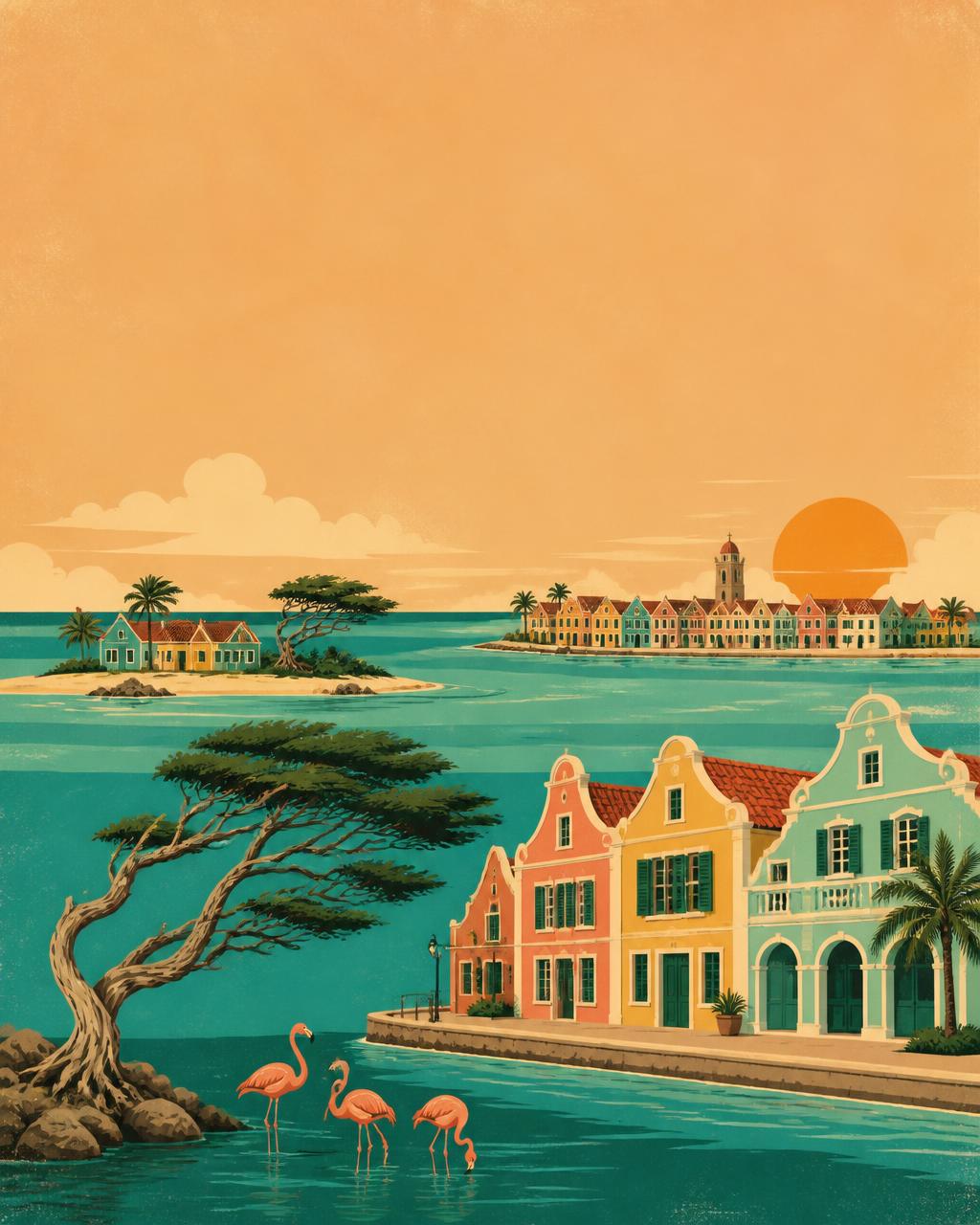Illustration of the ABC Islands: pastel waterfront houses, a divi-divi tree and flamingos
